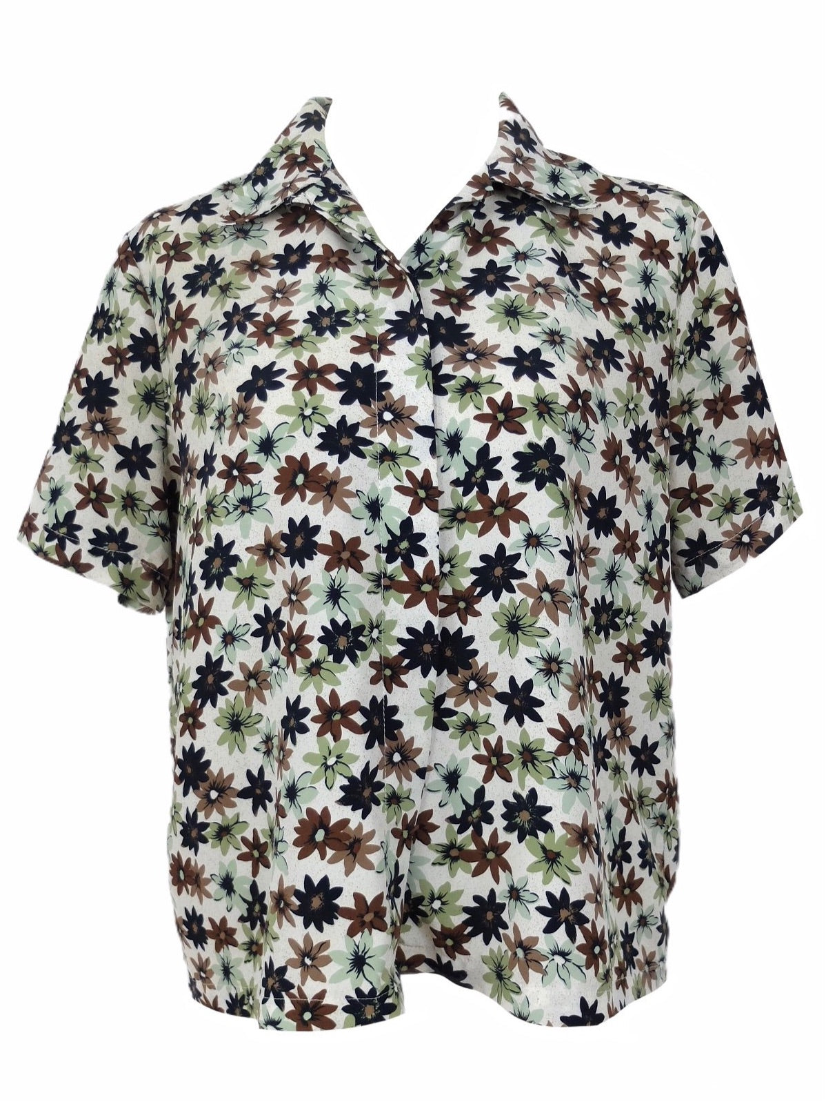 Vintage 90s Bohemian Floral Print Brown & Green Collared Half Sleeve Button Up Hawaiian Shirt | Women’s Size Extra Small-Small