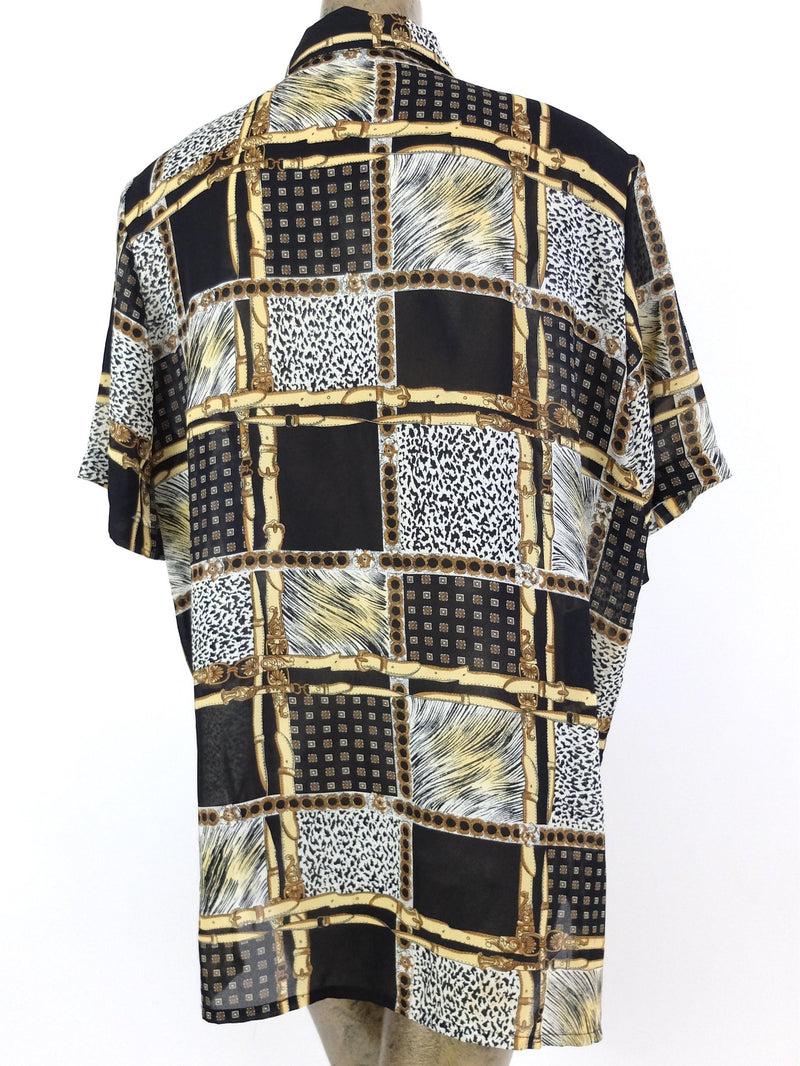 80s Abstract Safari Style Animal Print Short Sleeve Collared Button Up Chiffon Shirt with Padded Shoulders