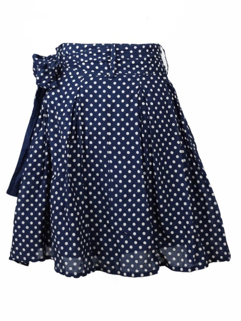 Vintage 80s does 50s Mod High Waisted Navy Blue and White Polka Dot Belted Bow Tie Full Circle Mini Skirt with Side Zip