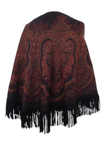 Vintage 80s Hippie Bohemian Art Nouveau Abstract Paisley Patterned Pullover Fringed Poncho Shawl | Size XS-S