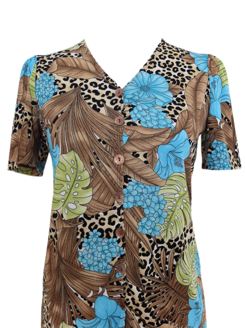 Vintage 90s Y2K Funky Leopard Animal & Floral Safari Print Short Sleeve V-Neck Blouse | Size S-M