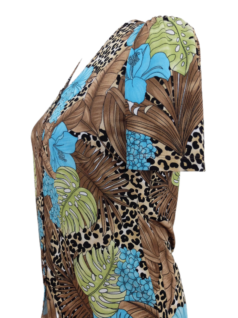 Vintage 90s Y2K Funky Leopard Animal & Floral Safari Print Short Sleeve V-Neck Blouse | Size S-M