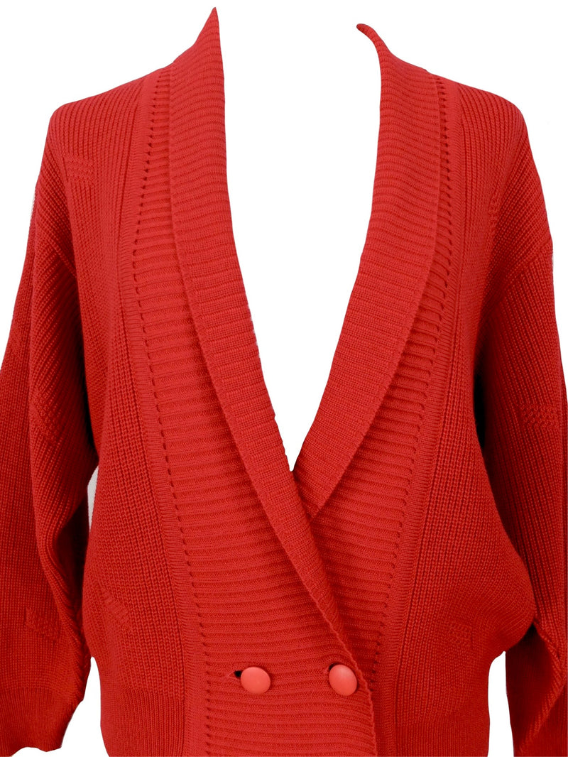 Vintage 70s Mod Kitsch Bright Cherry Red Wool Blend Knit V-Neck Button Down Collared Sweater Jumper  Cardigan | Women’s Size Small