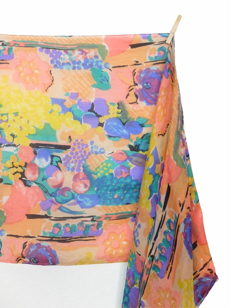 Vintage 80s Silk Funky Abstract Floral Bright Multicolour Long Wide Sheer Chiffon Neck Tie Scarf