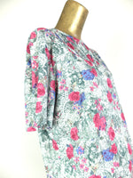 80s Floral Roses Pleated Half Sleeve Scoop Neck Blouse
