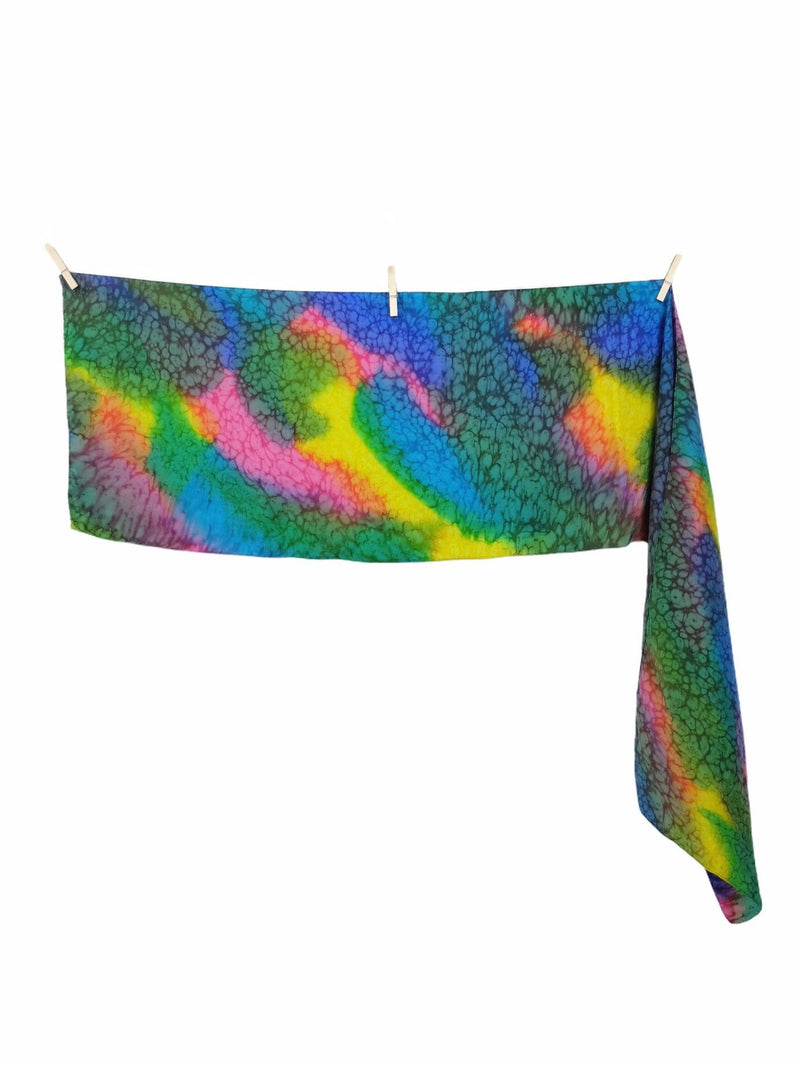 Vintage 80s Silk Psychedelic Hippie Bright Rainbow Tie Dye Acid Wash Long Wide Neck Tie Scarf