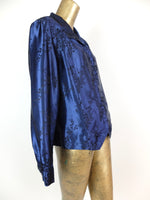 80s Floral Royal Blue Pointed Collar Silky Long Sleeve Button Up Blouse with Padded Shoulders