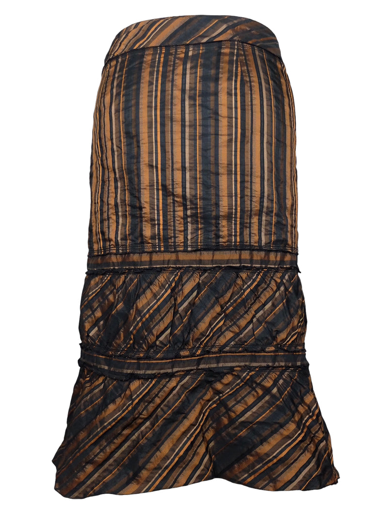 Vintage 2000s Y2K Low Rise Orange & Black Diagonal Striped Straight Silhouette Ruffled Maxi Skirt | Size S