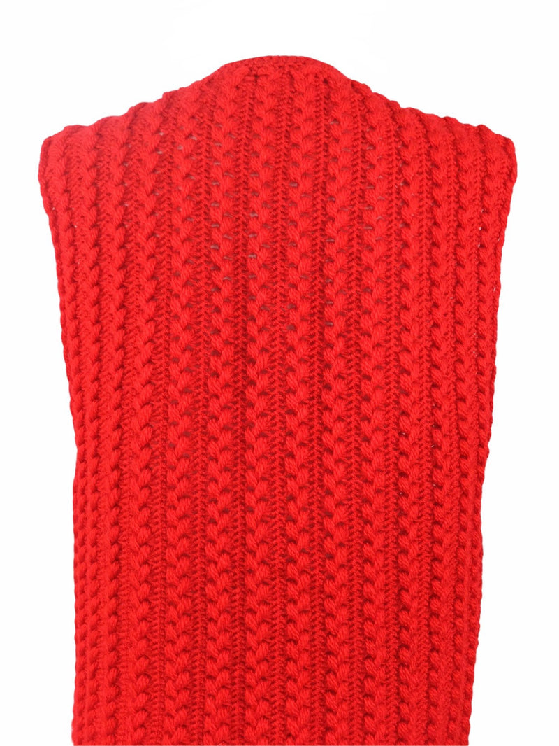 Vintage 60s Mod Grannycore Bright Cherry Red Sleeveless Cable Knit Woven Crocheted Knit Sweater Vest Waistcoat | Size Medium-Large