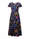 Vintage 70s Mod Psychedelic Prairie Black Multicoloured Floral Short Sleeve Fit and Flare Maxi Dress with Bow Tie
