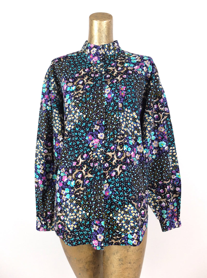 70s Western Prairie Psychedelic Floral Ruffled Long Sleeve Button Up Shirt