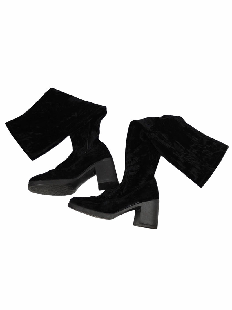Vintage 90s Y2K Grunge Black Crushed Velvet Over-the-Knee Heeled Boots