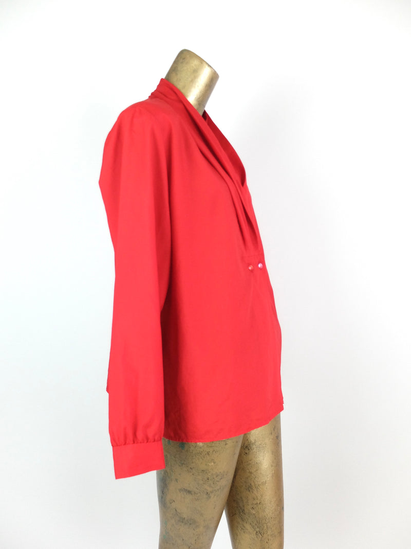 70s Mod Red Pleated V-Neck Long Sleeve Button Up Blouse