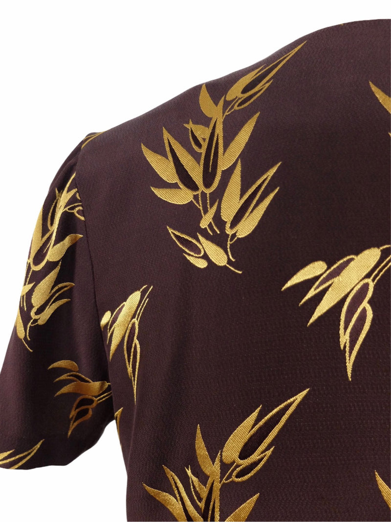 Vintage 80s Bohemian Tropical Silk Brown & Gold Floral Leaf Print Short Sleeve Scoop Neck Asymmetrical Button Up Blouse with Padded Shoulders | Women’s Size Small