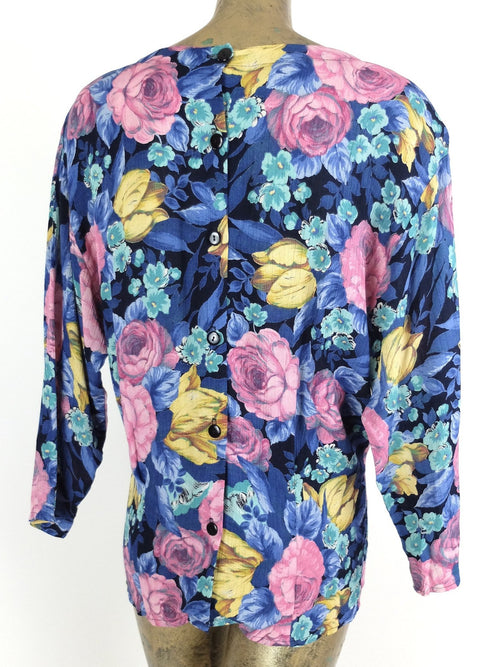 80s Bohemian Romantic Floral 3/4 Sleeve Blouse with Shoulder Pads