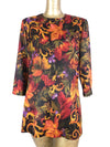 70s Autumnal Abstract Floral 3/4 Sleeve Scoop Neck Blouse with Padded Shoulders