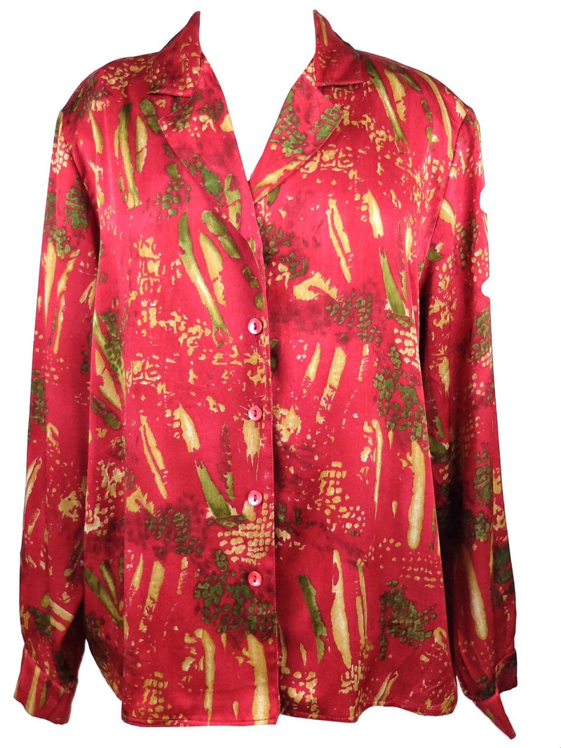 Vintage 80s Red Silky Abstract Print Collared Long Sleeve Button Up Blouse