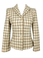 Vintage 80s Mod Betty Barclay Beige Houndstooth Fuzzy Wool Collared Button Down Blazer Jacket