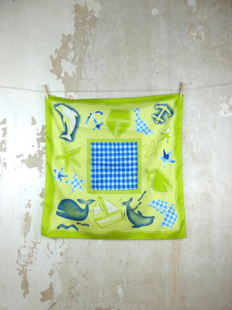 Vintage 80s Bright Green and Blue Nautical Gingham Dolphin Animal Print Square Bandana Neck Tie Scarf