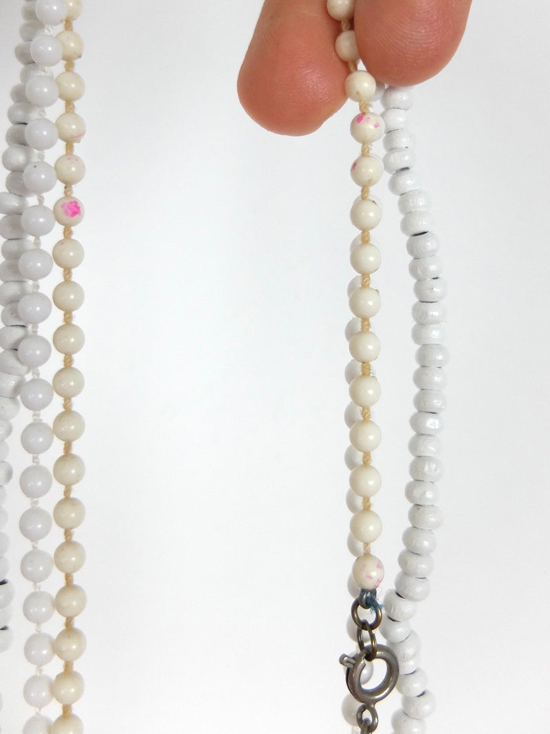 Vintage 80s Rave Festival Style Set of 3 White & Beige Small Wood & Plastic Beaded Long Wrap Necklaces