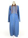 80s Bohemian Hippie Prairie Western Blue Denim Collared Long Sleeve Button Up Dress