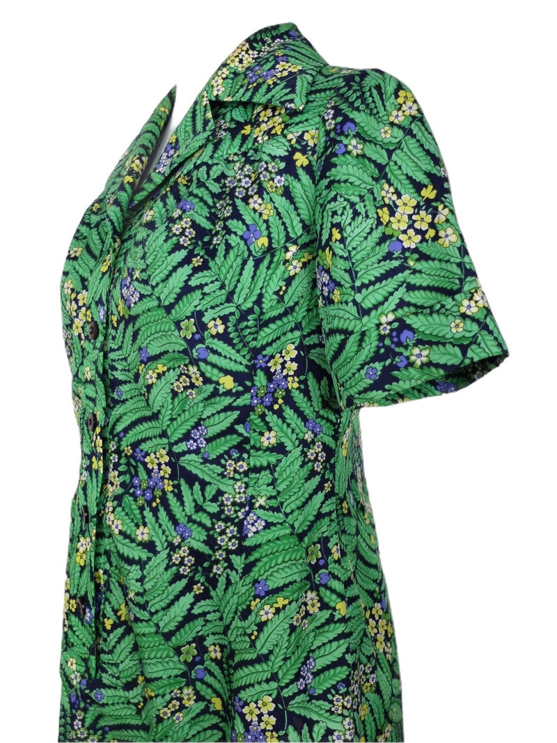 Vintage 60s Mod Psychedelic Tropical Safari Chic Bright Green Floral Print Collared Short Sleeve Button Up Midi Shift Dress | Size Medium