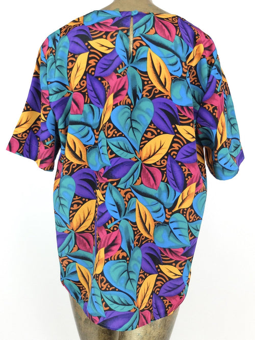 80s Abstract Floral Leaves Scoop Neck Short Sleeve Shirt