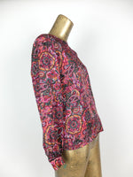 70s Psychedelic Mod Glam Rock Bright Pink Paisley Print Silky Long Sleeve Blouse