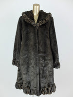 80s Ruffled Dark Brown Faux Fur Long Winter Coat with Pockets