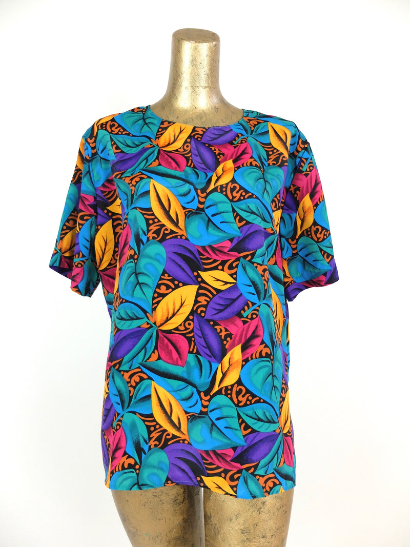 80s Abstract Floral Leaves Scoop Neck Short Sleeve Shirt