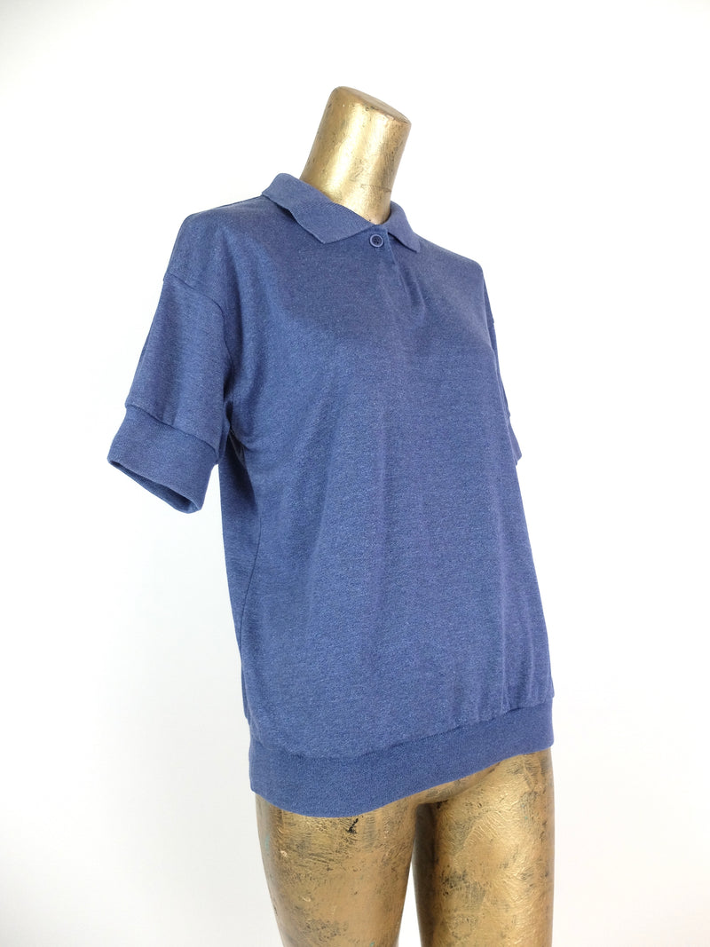 80s Blue Collared Short Sleeve 1/4 Button Up Polo Shirt