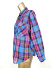 70s Western Pink and Blue Check Print Collared Long Sleeve Button Up Shirt