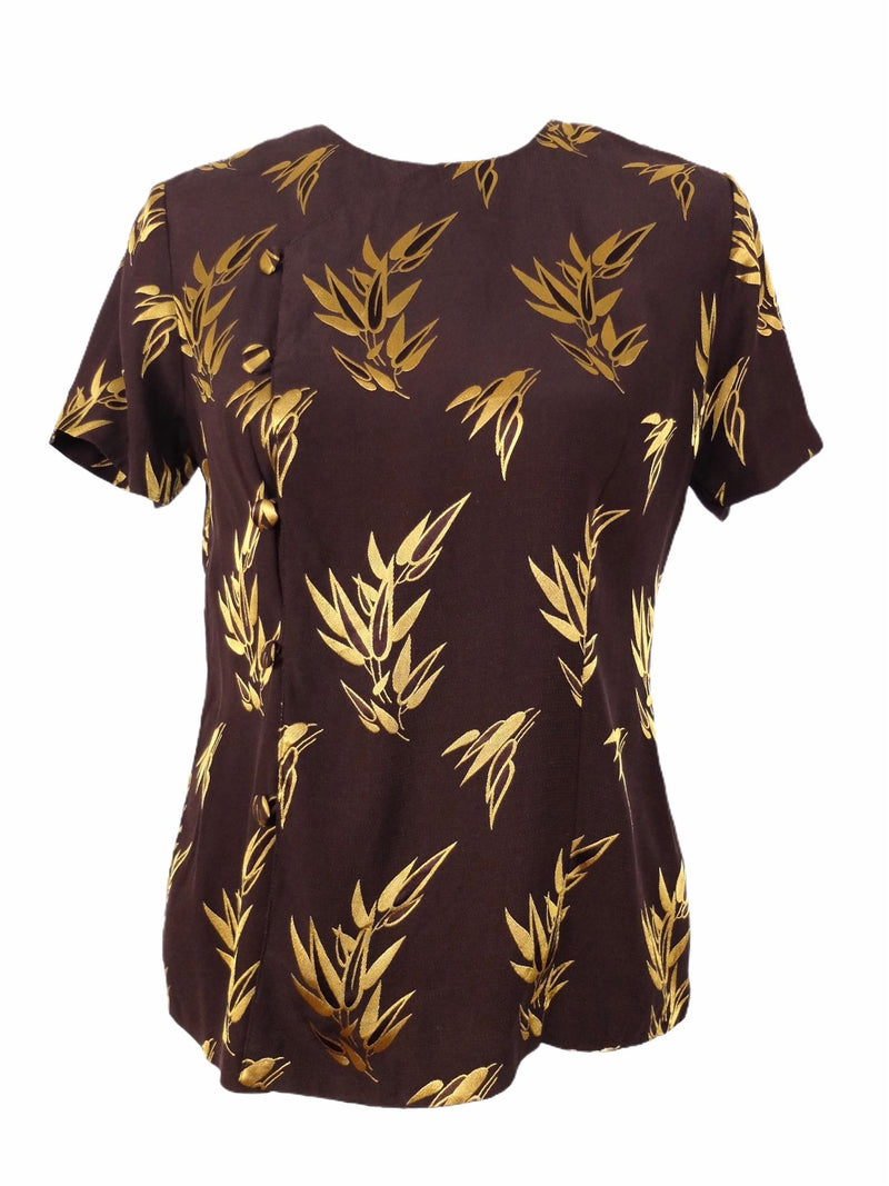 Vintage 80s Bohemian Tropical Silk Brown & Gold Floral Leaf Print Short Sleeve Scoop Neck Asymmetrical Button Up Blouse with Padded Shoulders | Women’s Size Small