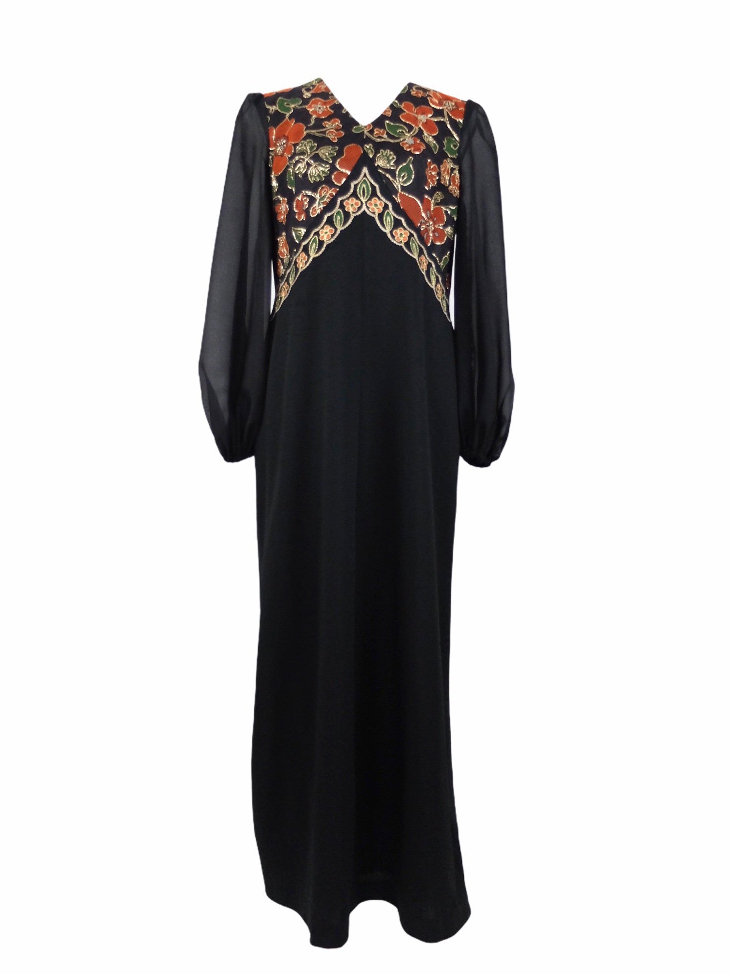 Vintage 70s Psychedelic Hippie Glam Rock Mod Bohemian Sheer Balloon Sleeve Black V-Neck Floor Length Empire Maxi Dress with Metallic Embroidery | Size Medium
