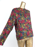 70s Mod Romantic Bohemian Floral Long Sleeve Blouse with Shoulder Pads