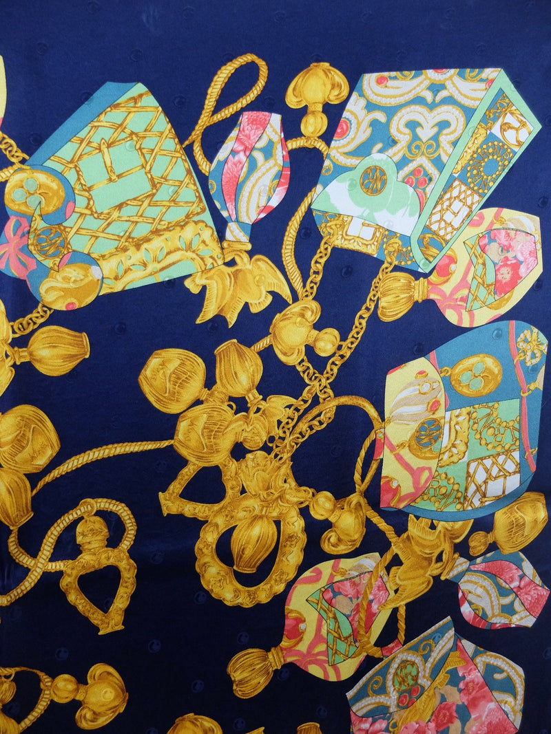 Vintage 80s Nina Ricci Silk Designer Baroque Abstract Tassel Print Square Bandana Neck Tie Scarf