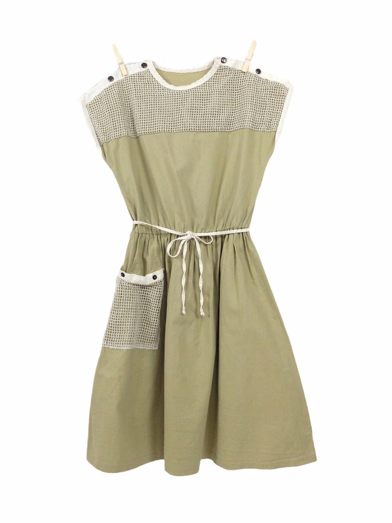 Vintage 70s Prairie Cottagecore Linen Cotton Short Sleeve Fit & Flare Mini Sack Circle Dress with Woven Netting & Waist Tie