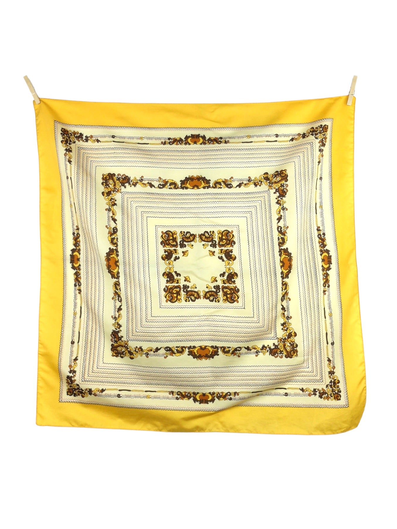 Vintage 70s Mod Hippie Yellow & Brown Abstract Baroque Patterned Square Bandana Neck Tie Scarf