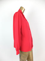 80s Red Button Up Long Sleeve Blouse with Padded Shoulders