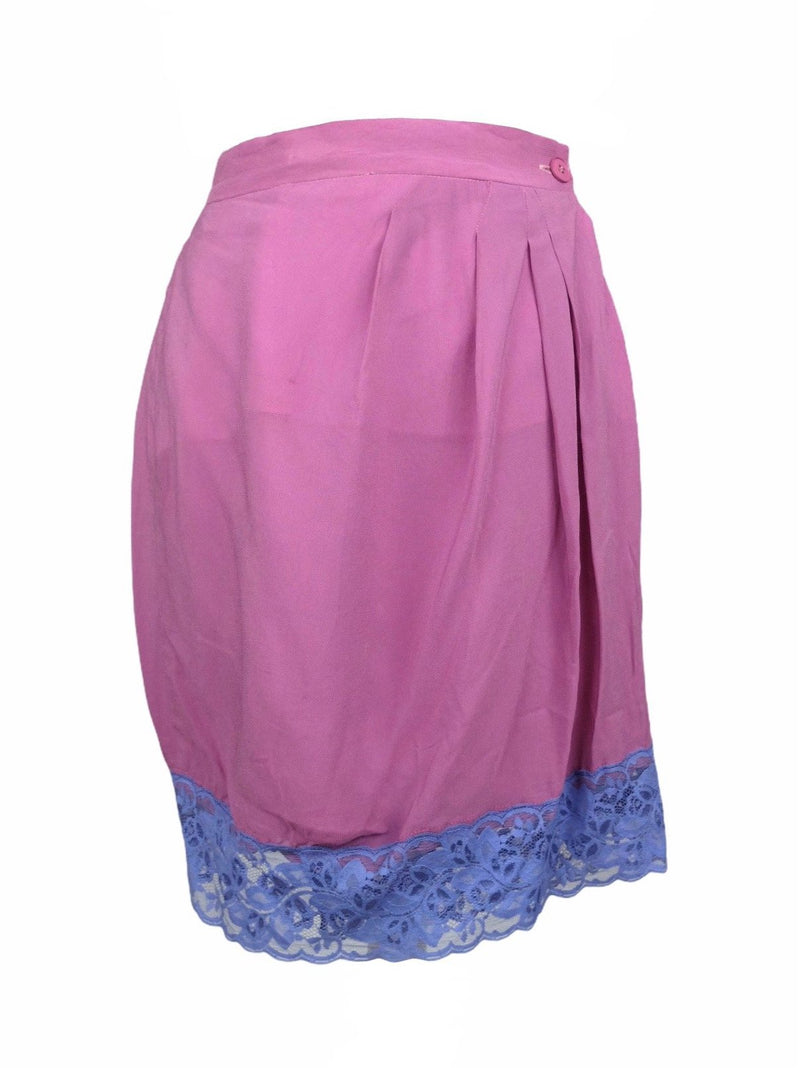 Vintage 70s Luisa Spangoli Designer Silk Made in Italy Pink and Purple Lace Trim High Waisted Wrap Mini Skirt