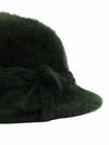 Vintage 80s Bohemian Dark Forest Green Fuzzy Angora Fitted Brimmed Fedora Hat with Tie Detail