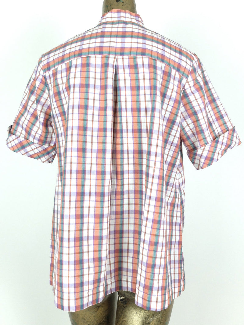 70s Check Print Mockneck Half Sleeve 1/4 Button Up Tunic Shirt