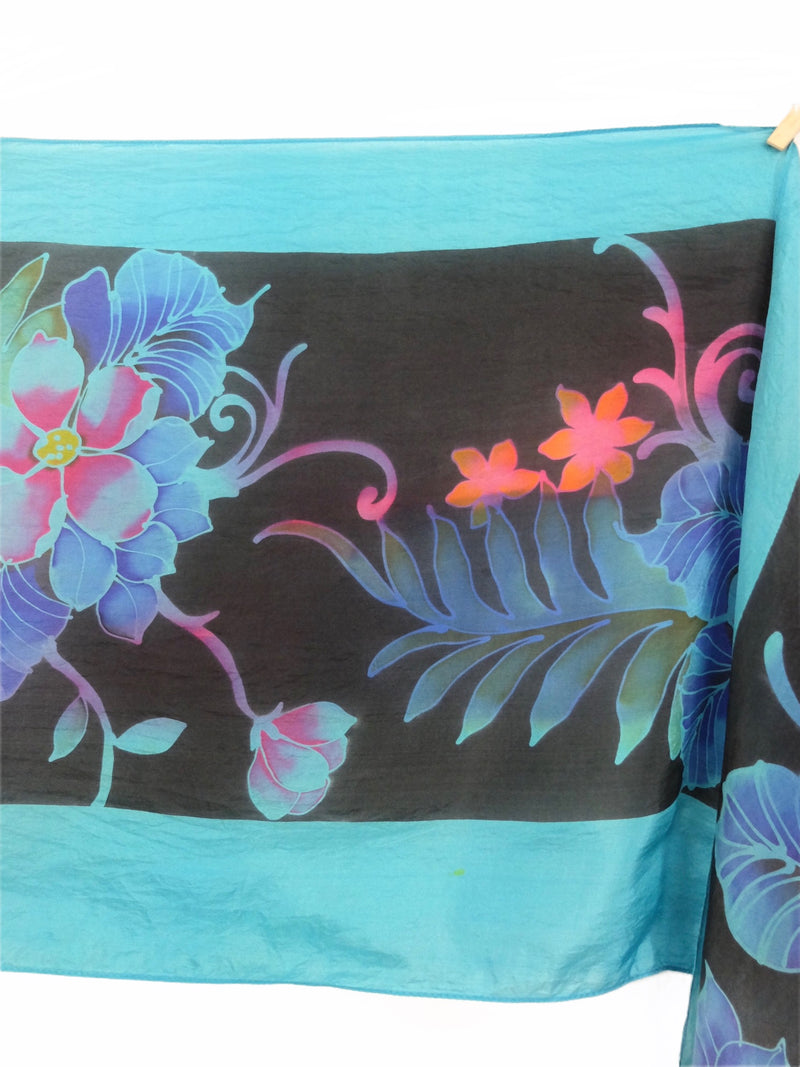 Vintage 80s Silk Hippie Bohemian Festival Tropical Hawaiian Floral Bright Blue & Black Long Wide Neck Tie Scarf
