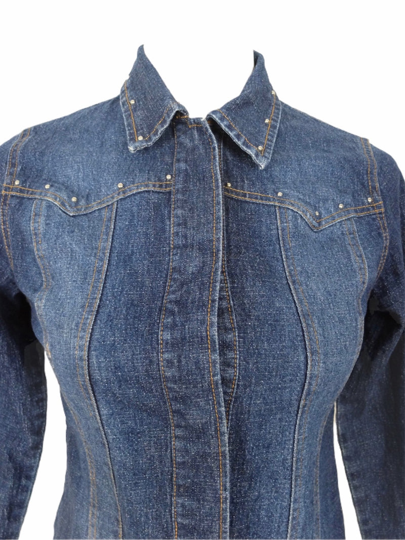 Vintage 00s Y2K Dark Wash Studded Fitted Collared Button Down Denim Jean Jacket | Women’s Size Extra Small