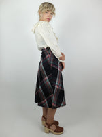 50s Mod Black and Pink Wool Tartan Argyle Check Print High Waisted Full Circle Midi Skirt