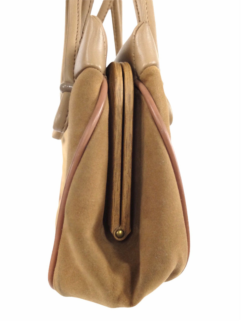 Vintage 90s Y2K Faux Suede Leather Brown & Beige Strappy Small Mini Top Handle Purse Bag with Clasp Closure