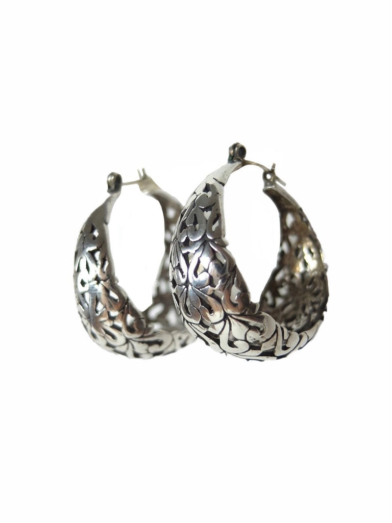 Vintage 70s Sterling Silver 925 Stamped Bohemian Hippie Thick Chunky Abstract Fleur-de-Lis Hoop Earrings