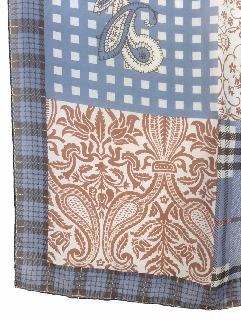 Vintage 80s Silk Bohemian Blue & Brown Plaid Check Print & Fleur-de-Lis Square Bandana Neck Tie Scarf