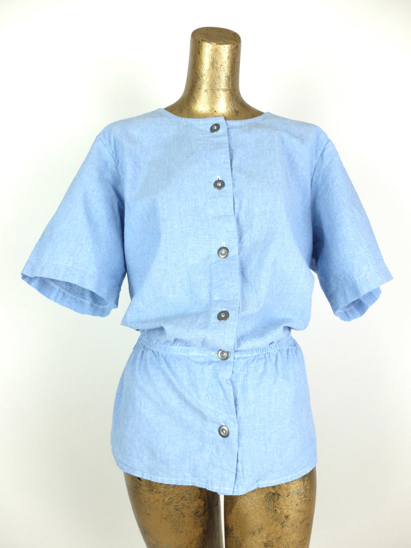 70s Light Wash Blue Denim Button Up Peplum Cinched Waist Half Sleeve Blouse