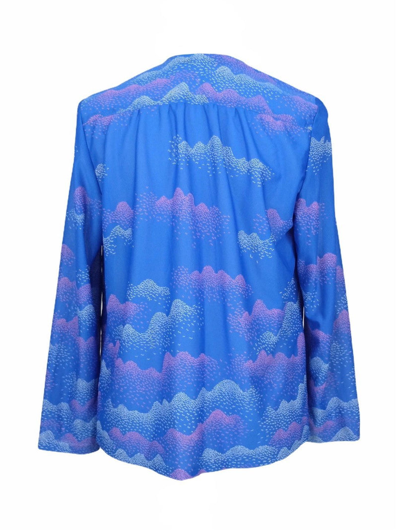 Vintage 60s Psychedelic Mod Glam Rock Bright Blue and Pink Abstract Cloud Print Open Thin Blazer Cardigan